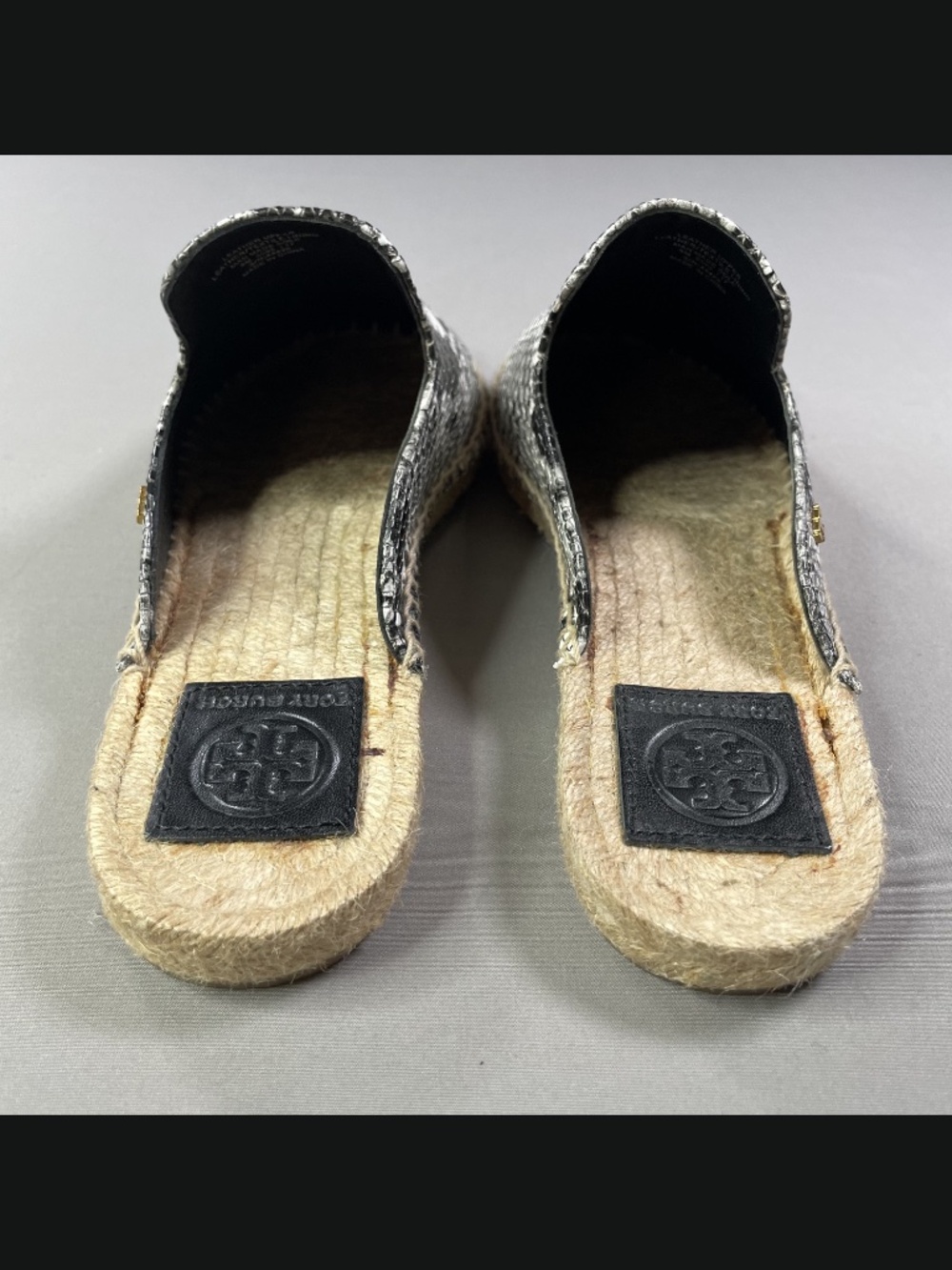 NEW Tory Burch Shoes Womens 8 black gray brown snake leather jute mule loafer - Picture 5 of 12